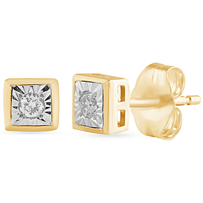 Cushion Shape Stud Earrings with of Diamonds in 9kt Yellow Gold