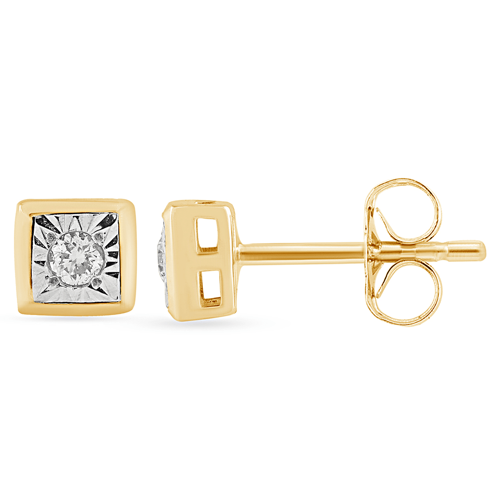 Cushion Shape Stud Earrings with 0.05ct of Diamonds in 9ct Yellow Gold Bevilles Jewellers 