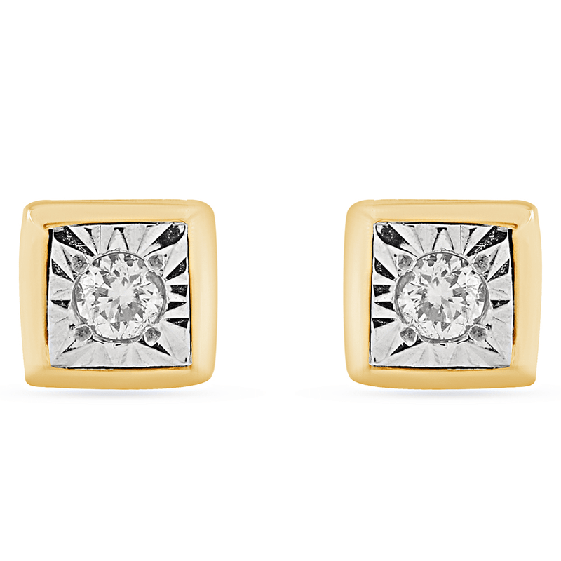 Cushion Shape Stud Earrings with 0.05ct of Diamonds in 9ct Yellow Gold Bevilles Jewellers 