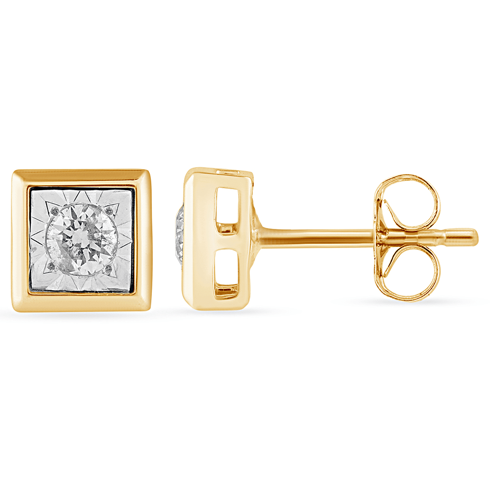 Cushion Shape Stud Earrings with 1/5ct of Diamonds in 9ct Yellow Gold Bevilles Jewellers 