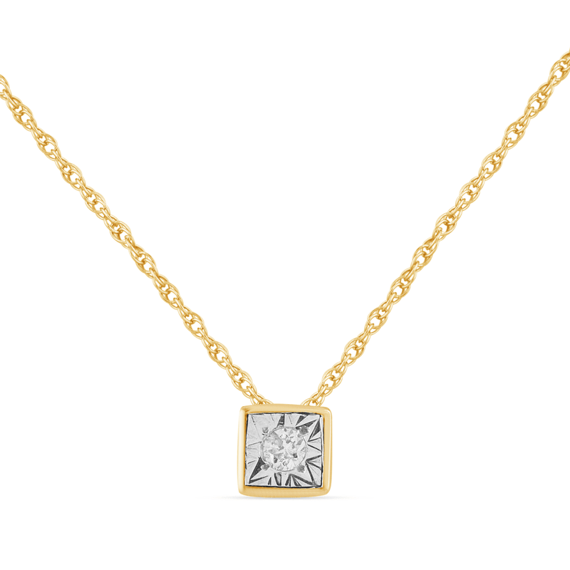 Diamond Set Bezel Cushion Necklace in 9ct Yellow Gold Bevilles Jewellers 