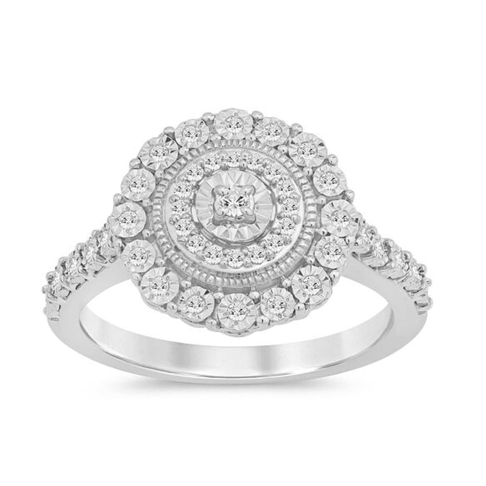 Round Halo Ring with 0.15ct of Diamonds in Sterling Silver Bevilles Jewellers 