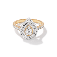 Pear Halo Shoulder Ring with 0.16tw of Diamonds in 9kt Yellow Gold Rings Bevilles 