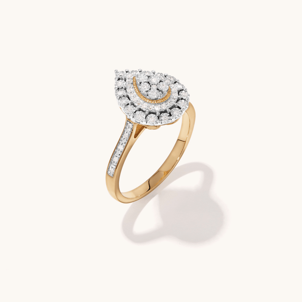 Pear Halo Shoulder Ring with 0.16tw of Diamonds in 9kt Yellow Gold Rings Bevilles 