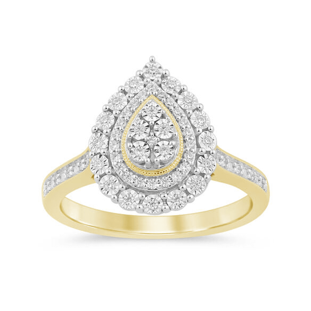 Pear Halo Ring with 0.15ct of Diamonds in 9ct Yellow Gold Bevilles Jewellers 