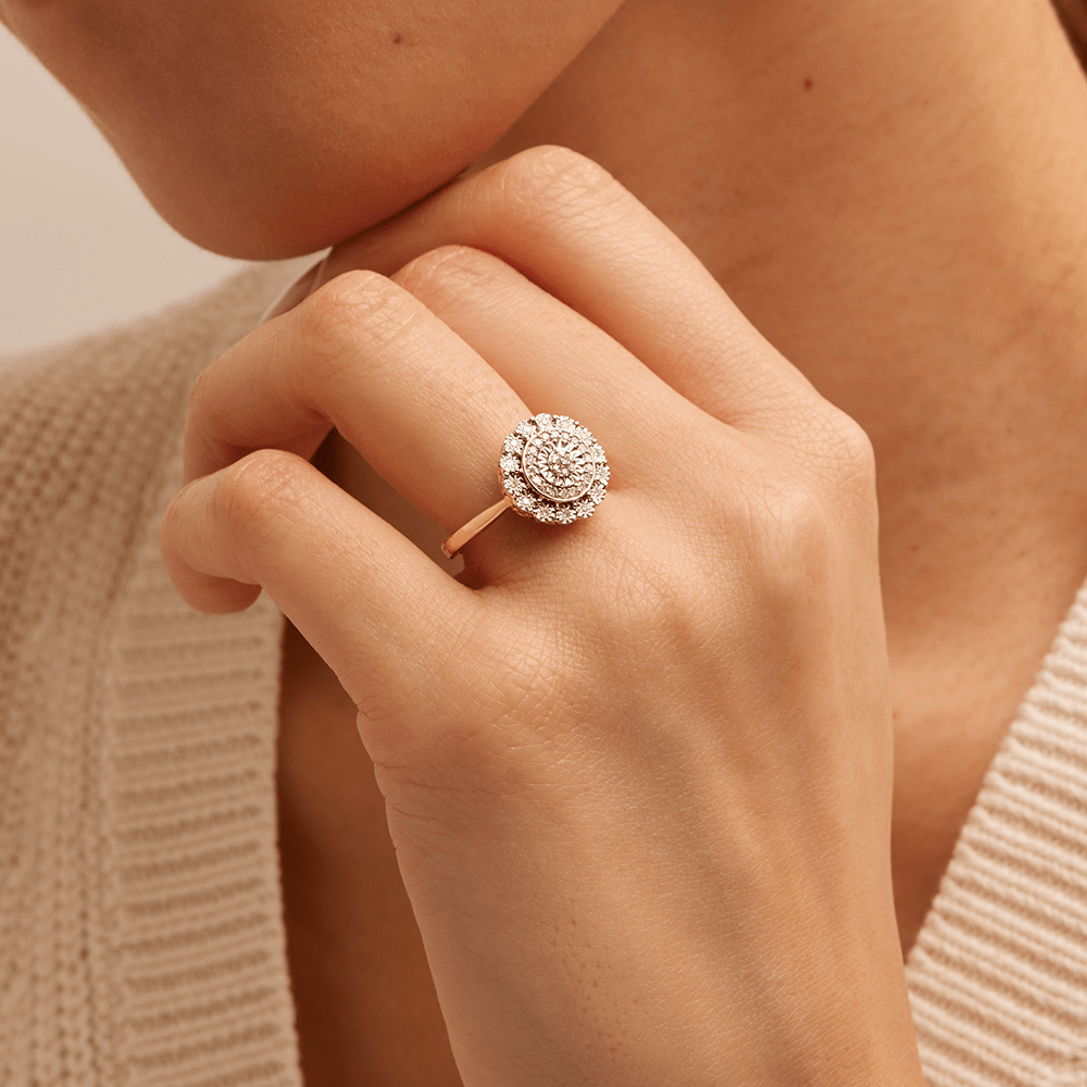 Round Halo Ring with 0.15tw of Diamonds in 9kt Yellow Gold Rings Bevilles 