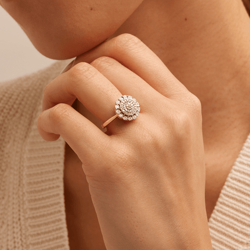 Round Halo Ring with 0.15tw of Diamonds in 9kt Yellow Gold Rings Bevilles 