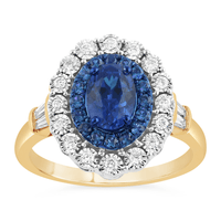 Created Sapphire Ring with 1/3ct of Diamonds in 9ct Yellow Gold Bevilles Jewellers 