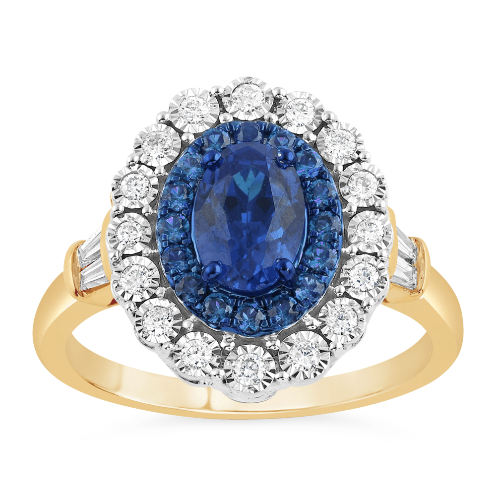 Created Sapphire Ring with 1/3ct of Diamonds in 9ct Yellow Gold Bevilles Jewellers 