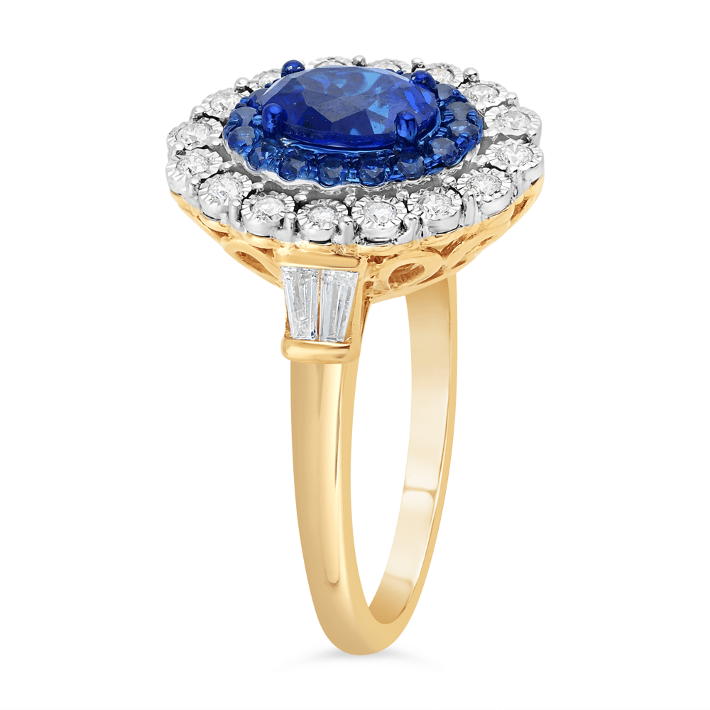 Created Sapphire Ring with 1/3ct of Diamonds in 9ct Yellow Gold Bevilles Jewellers 
