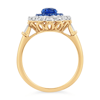Created Sapphire Ring with 1/3ct of Diamonds in 9ct Yellow Gold Bevilles Jewellers 