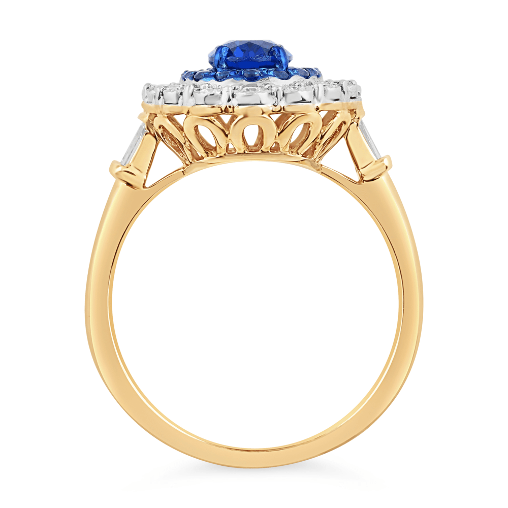 Created Sapphire Ring with 1/3ct of Diamonds in 9ct Yellow Gold Bevilles Jewellers 