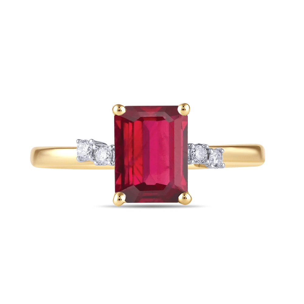 Created Ruby Ring with 0.07ct of Diamonds in 9ct Yellow Gold Bevilles Jewellers 