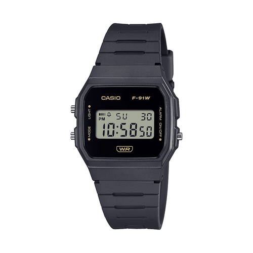 Casio Digital Led Stopwatch AlarmBlack Resin Band Gold Acct F91WB-8A Bevilles Jewellers 
