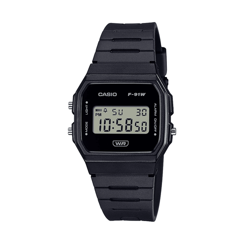 Casio Digital Led Stopwatch AlarmBlack Resin Band F91WB-1A Bevilles Jewellers 