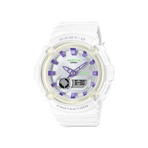 Casio Baby G Duo Dance In Neon Led Worldtime Stopwatch Alarm 100M Water Resistant White W/ Purple Accent Resin BGA280DN-7A Bevilles Jewellers 