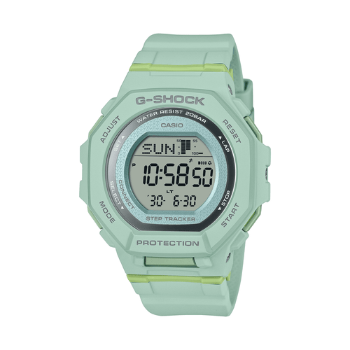 Casio G Squad Mid Size Digital Bluetooth Step Dual Stopwatch 200M Water Resistant Green Case And Resin Band GMDB300-3D Bevilles Jewellers 