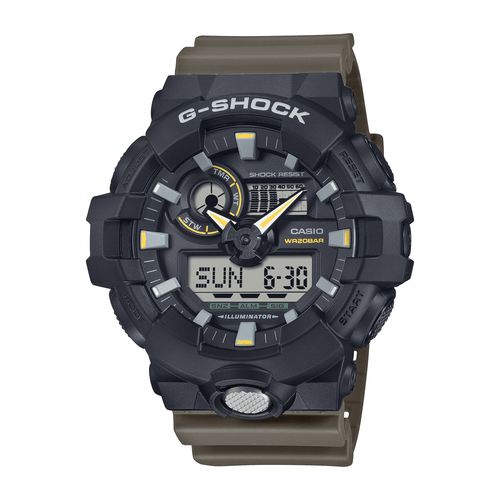 Casio G Shock Duo 2-Tone Utility Worldtime Stopwatch Alarm 200M Water Resistant Black Case Brown Resin Band GA710TU-1A3 Bevilles Jewellers 