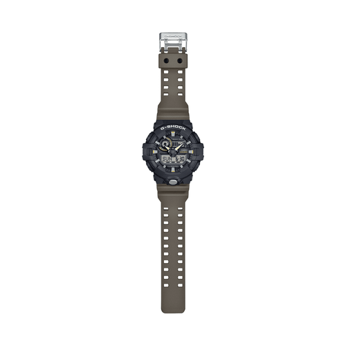 Casio G Shock Duo 2-Tone Utility Worldtime Stopwatch Alarm 200M Water Resistant Black Case Brown Resin Band GA710TU-1A3 Bevilles Jewellers 