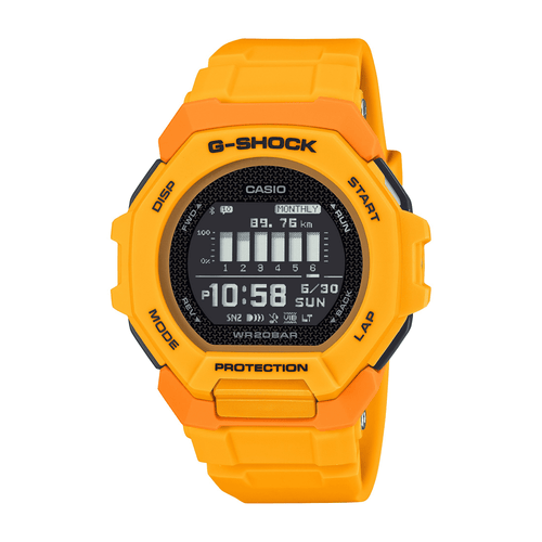Casio G Shock G Squad Digital Bluetooth Training Worldtime 200M Water Resistant Yellow Case And Resin Band GBD300-9D Bevilles Jewellers 