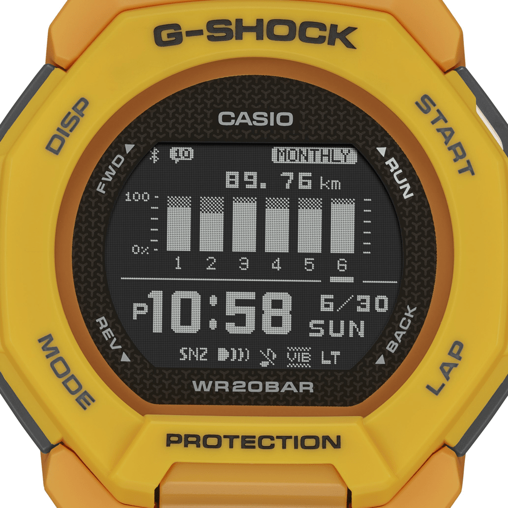Casio G Shock G Squad Digital Bluetooth Training Worldtime 200M Water Resistant Yellow Case And Resin Band GBD300-9D Bevilles Jewellers 