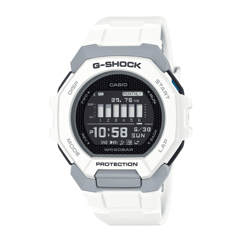 Casio G Shock G Squad Digital Bluetooth Training Worldtime 200M Water Resistant White Case And Resin Band GBD300-7D Bevilles Jewellers 