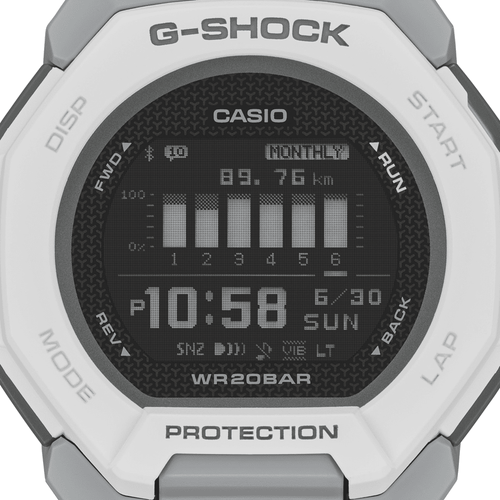 Casio G Shock G Squad Digital Bluetooth Training Worldtime 200M Water Resistant White Case And Resin Band GBD300-7D Bevilles Jewellers 