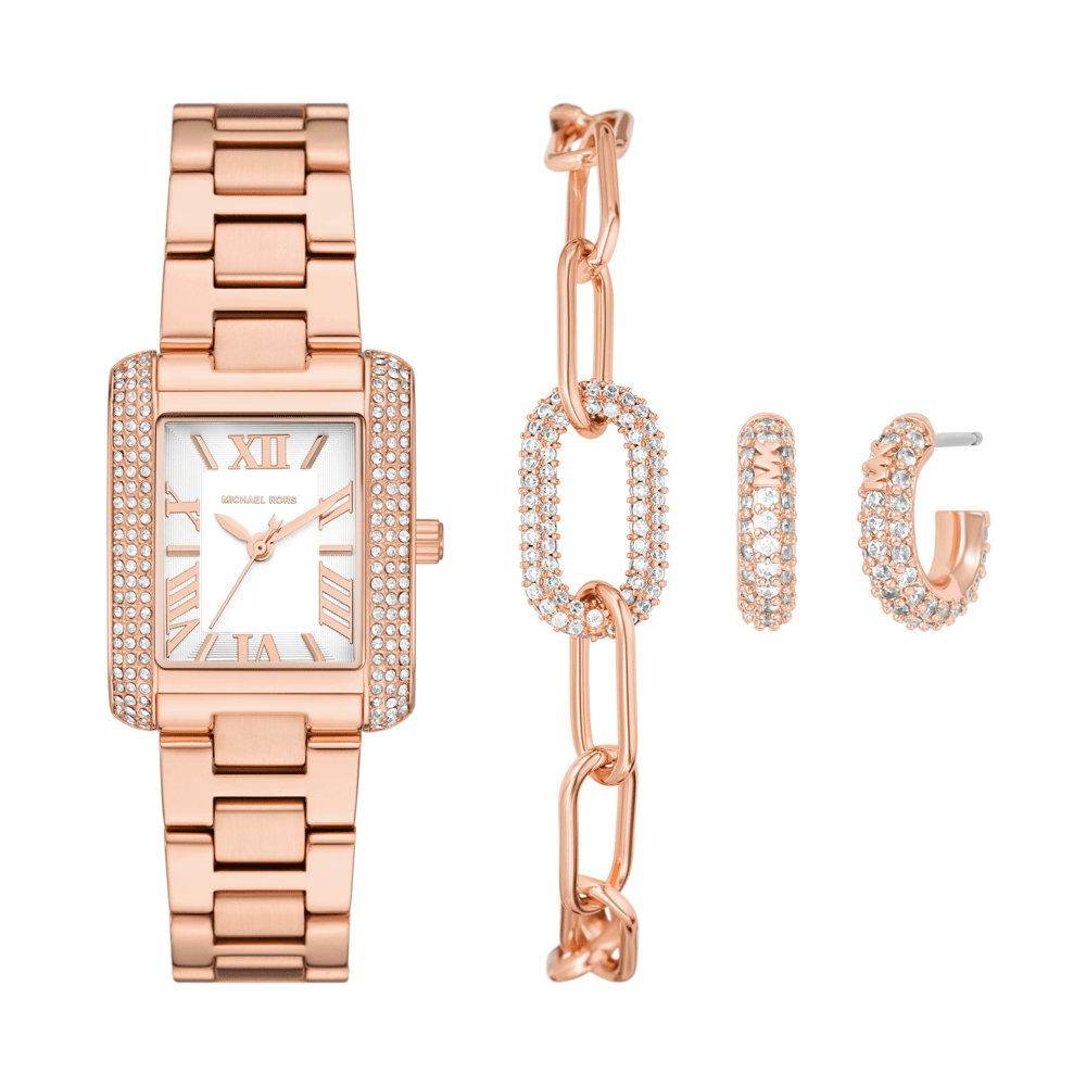 Michael Kors Emery Three-Hand Rose Gold-Tone Stainless Steel Watch, Earrings, and Bracelet Gift Set MK4838SET Watches Michael Kors 