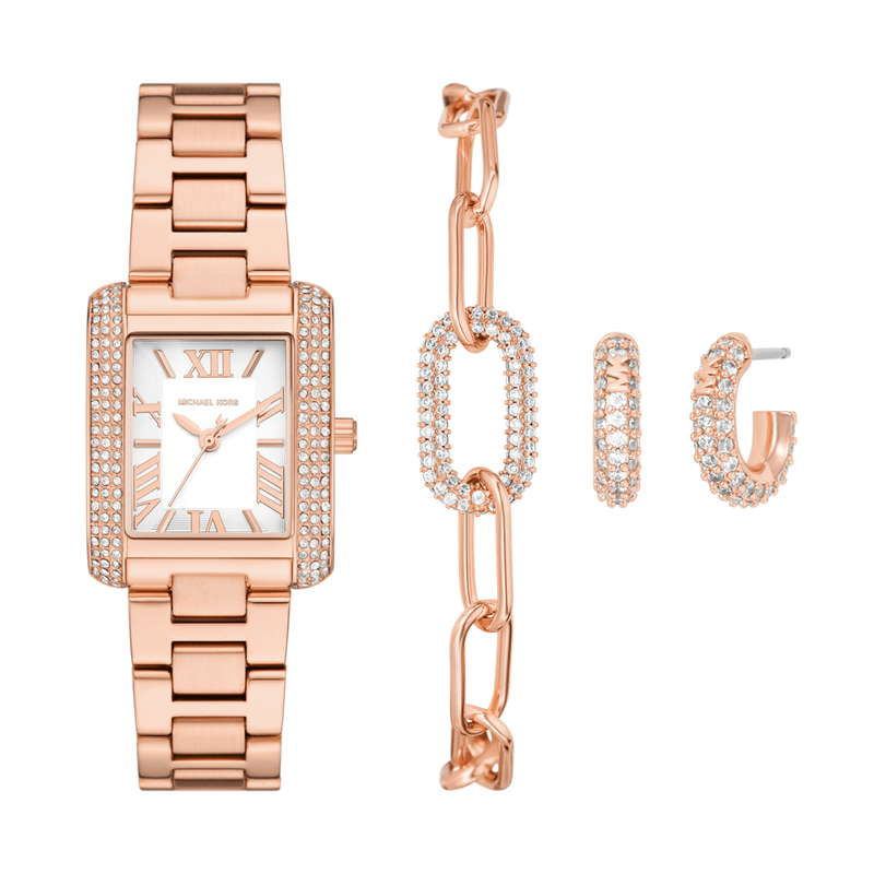 Michael Kors Emery Three-Hand Rose Gold-Tone Stainless Steel Watch, Earrings, and Bracelet Gift Set MK4838SET Watches Michael Kors 