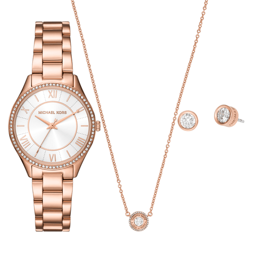 Michael Kors Lauryn Three-Hand Rose Gold-Tone Stainless Steel Watch, Earrings and Necklace Gift Set MK4850SET Watches Michael Kors 