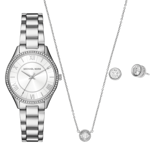 Michael Kors Lauryn Three-Hand Stainless Steel Watch, Earrings and Necklace Gift Set MK4851SET Watches Michael Kors 