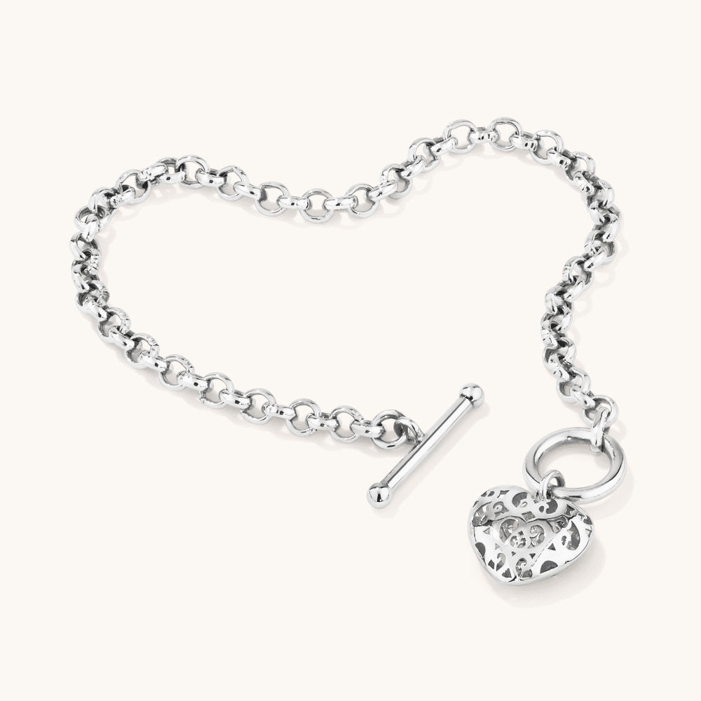 19cm Hollow Belcher Bracelet with Puff Filigree Heart Pendant in Sterling Silver Bracelets Bevilles 