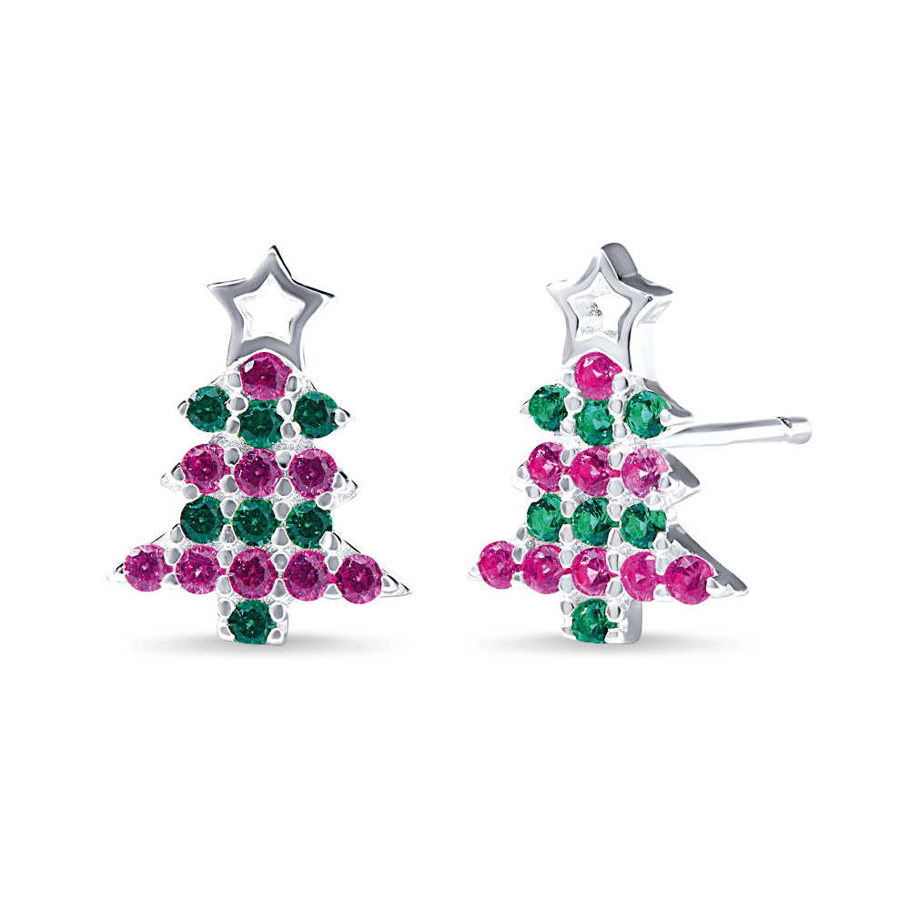 Christmas Tree Stud Earrings with Red and Green Cubic Zirconia in Sterling Silver Earrings Bevilles 