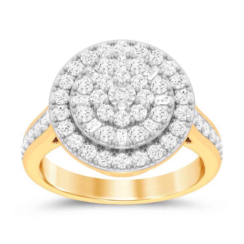 Round Halo Ring with 1.00ct of Diamonds in 9ct Yellow Gold Bevilles Jewellers 