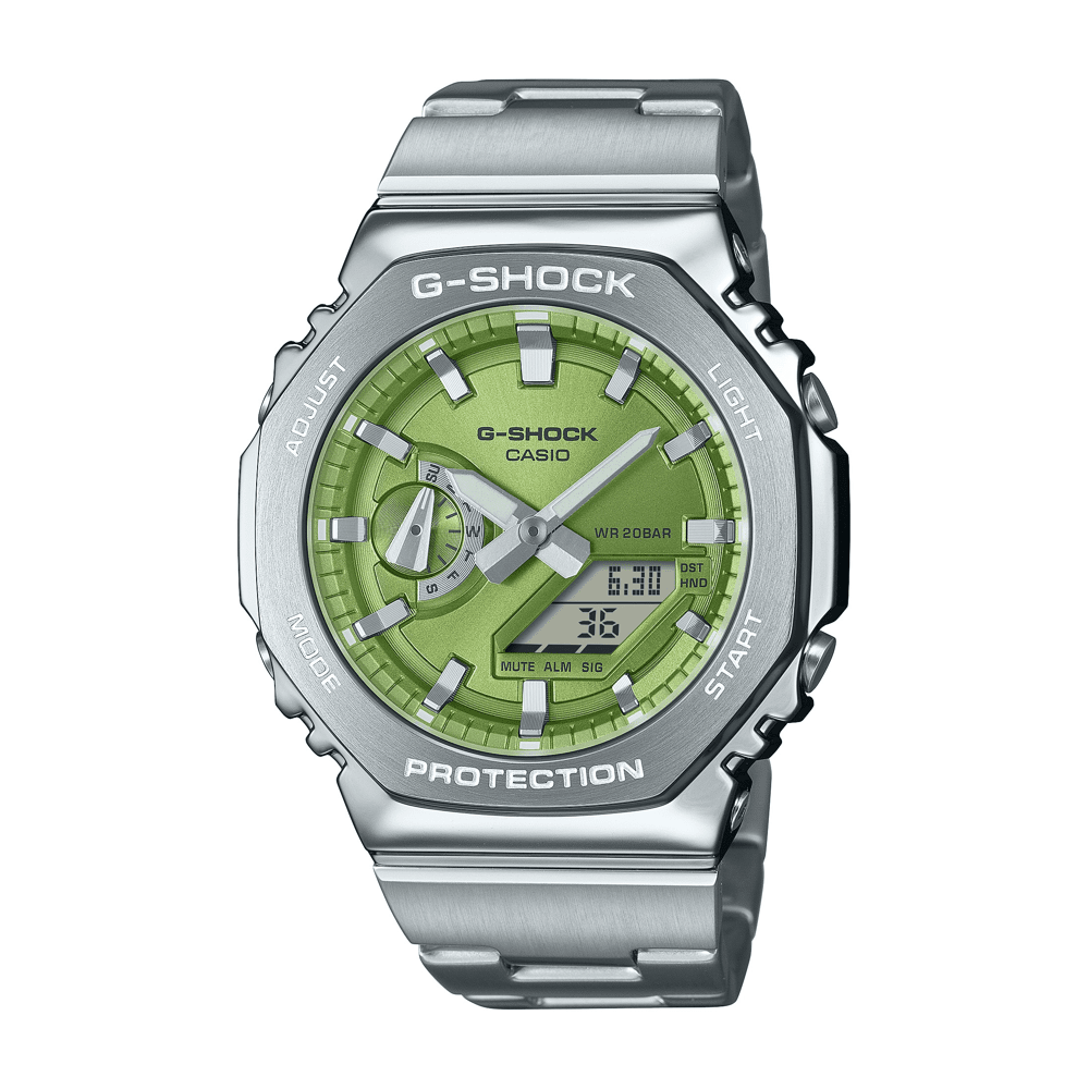 Casio G Shock G Steel Silver and Green Digital Watch GM2110D-3A Watches Casio G Shock 