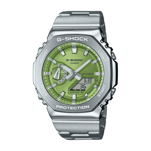 Casio G Shock G Steel Silver and Green Digital Watch GM2110D-3A Watches Casio G Shock 