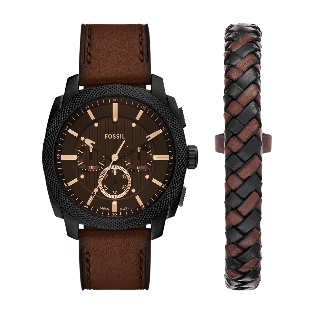 Fossil Machine Chronograph Brown Leather Watch and Bracelet Set FS6102SET Watches Fossil 