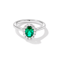 Oval Created Emerald Halo Ring with 0.23tw of Laboratory-Grown Diamonds in Rhodium Plated Sterling Silver Rings Bevilles 