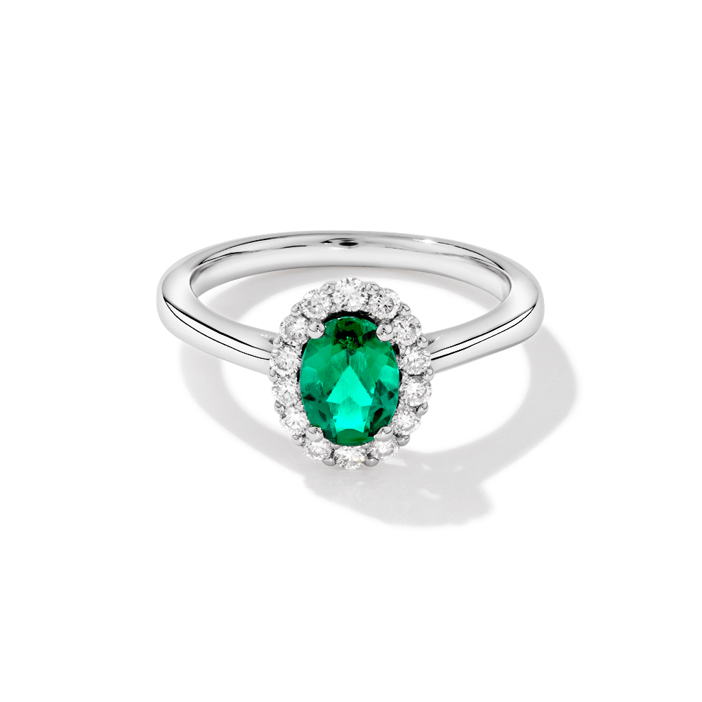 Oval Created Emerald Halo Ring with 0.23tw of Laboratory-Grown Diamonds in Rhodium Plated Sterling Silver Rings Bevilles 
