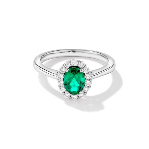 Oval Created Emerald Halo Ring with 0.23tw of Laboratory-Grown Diamonds in Rhodium Plated Sterling Silver Rings Bevilles 