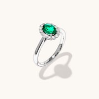 Oval Created Emerald Halo Ring with 0.23tw of Laboratory-Grown Diamonds in Rhodium Plated Sterling Silver Rings Bevilles 