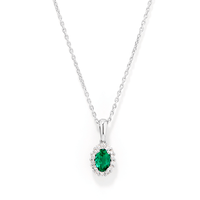 45cm Oval Created Emerald Halo Necklace with 0.13tw of Laboratory-Grown Diamonds in Rhodium Plated Sterling Silver Pendants Bevilles 