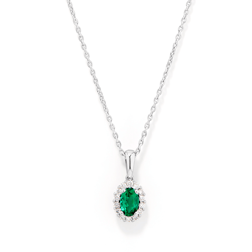 45cm Oval Created Emerald Halo Necklace with 0.13tw of Laboratory-Grown Diamonds in Rhodium Plated Sterling Silver Pendants Bevilles 