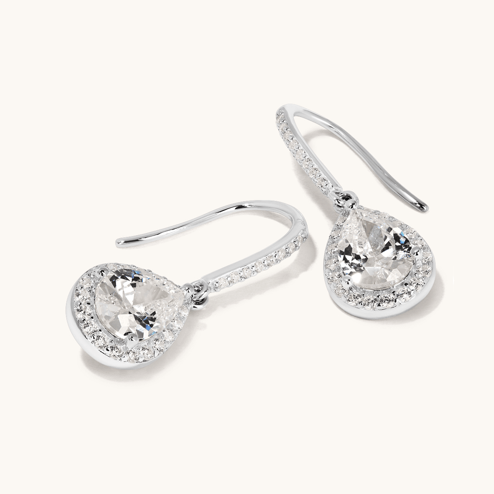 Cubic Zirconia Pear Halo Drop Earrings in Sterling Silver Earrings Bevilles 