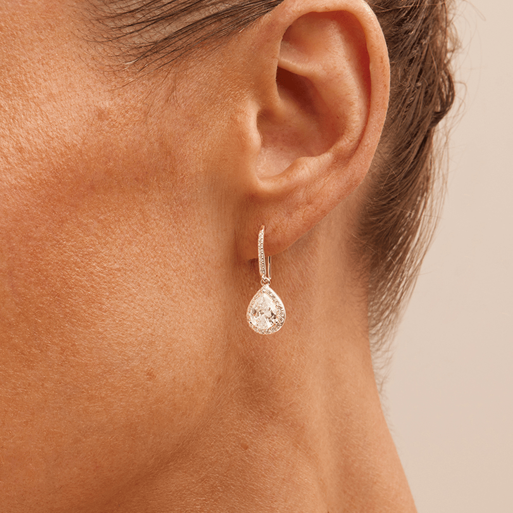 Cubic Zirconia Pear Halo Drop Earrings in Sterling Silver Earrings Bevilles 