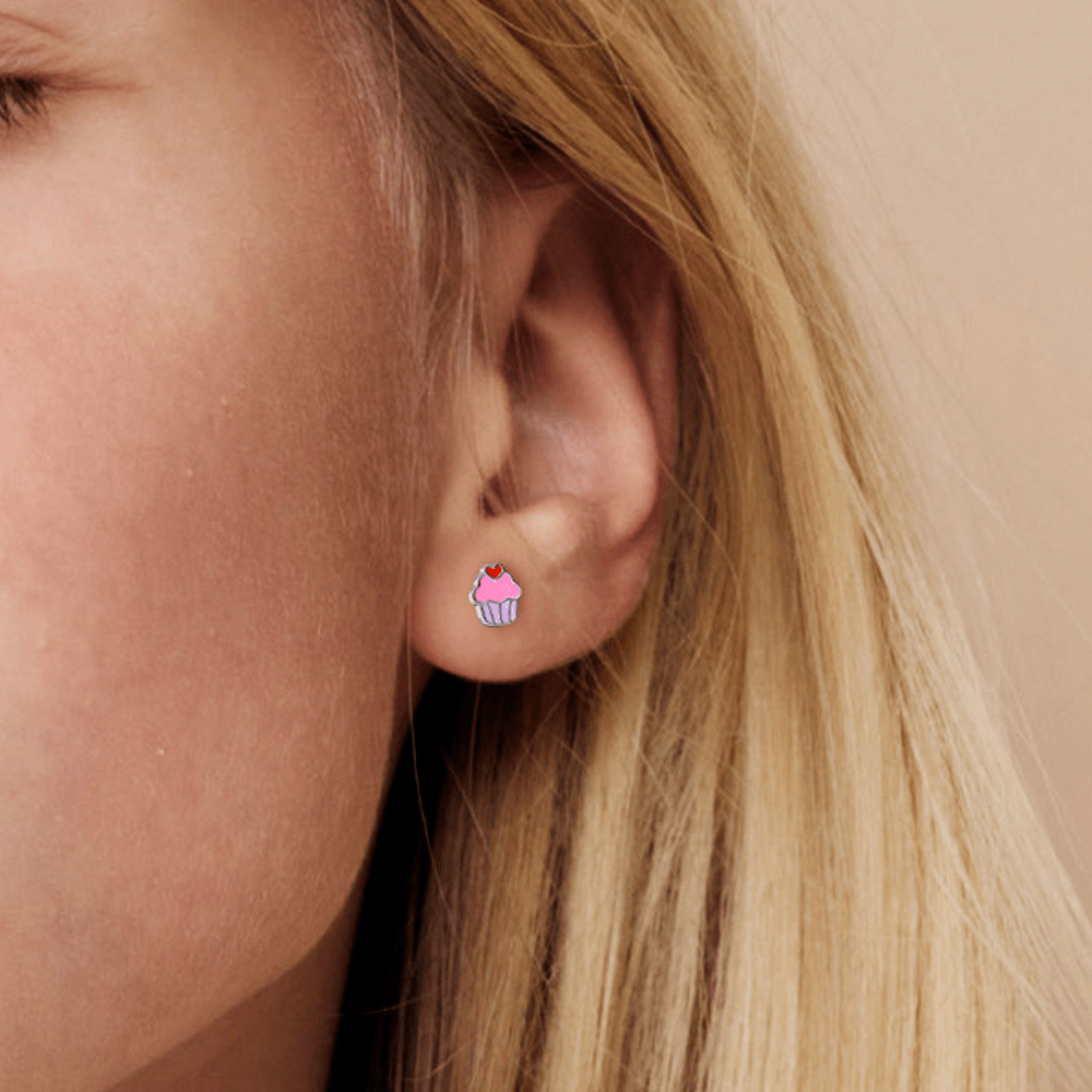 Enamel Cupcake Stud Earrings in Sterling Silver Earrings Bevilles 