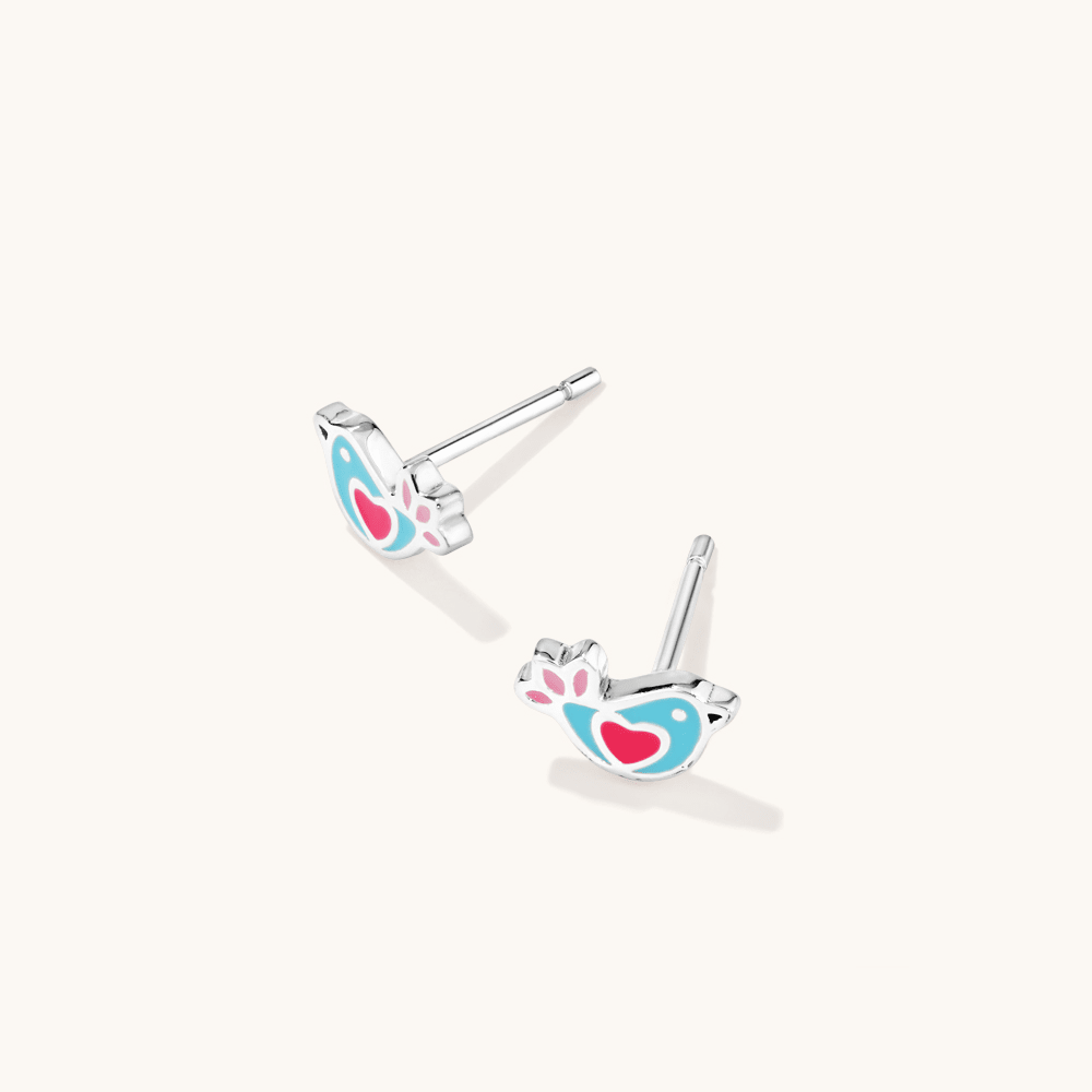 Enamel Bird Stud Earrings in Sterling Silver Earrings Bevilles 