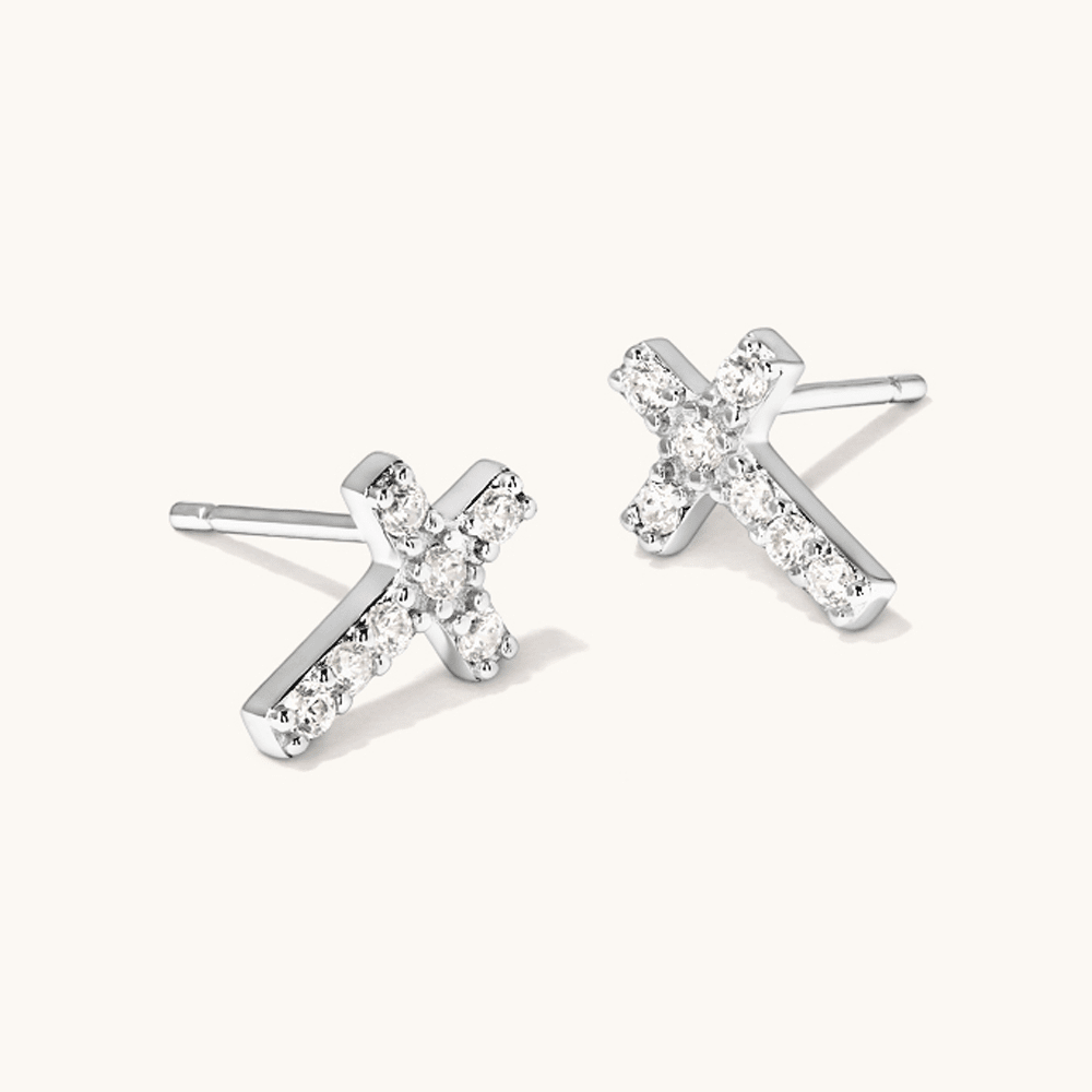 Cubic Zirconia Cross Stud Earrings in Sterling Silver Earrings Bevilles 