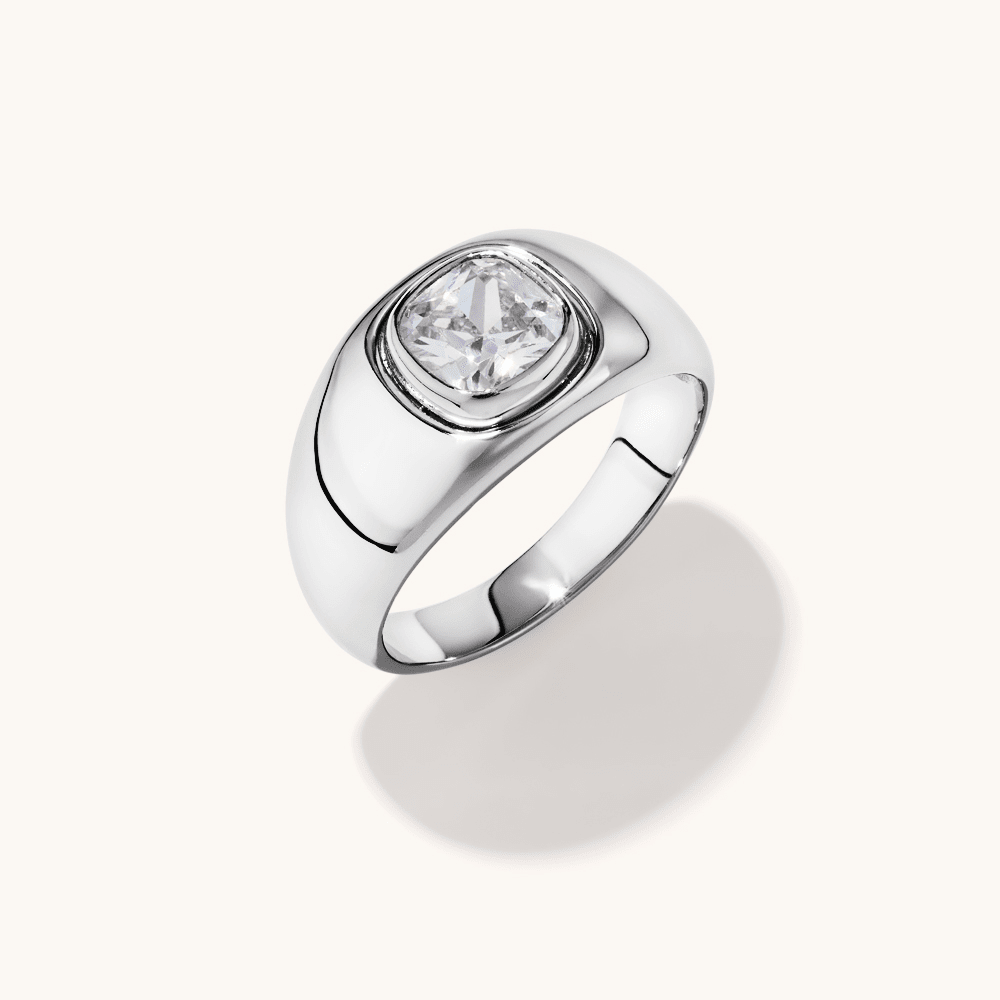 Cubic Zirconia Cushion Domed Signet Ring in Sterling Silver Rings Bevilles 