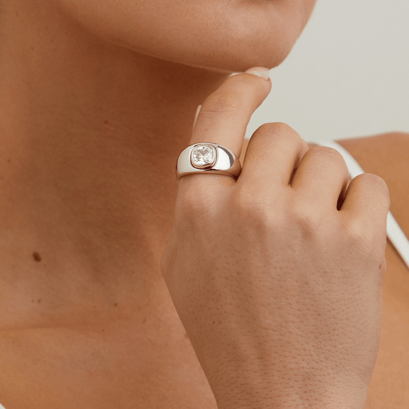 Cubic Zirconia Cushion Domed Signet Ring in Sterling Silver Rings Bevilles 